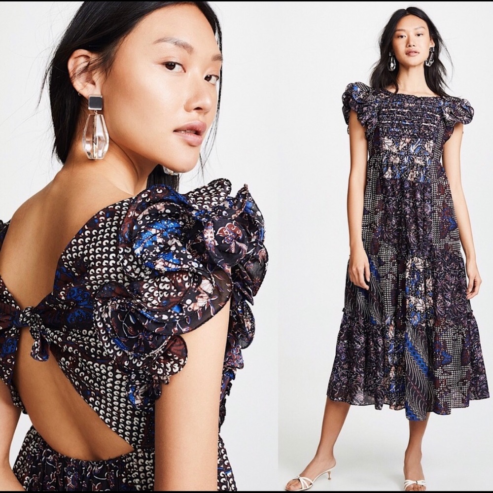 Ulla Johnson Floral Patchwork Midi Dress in Navy and Black